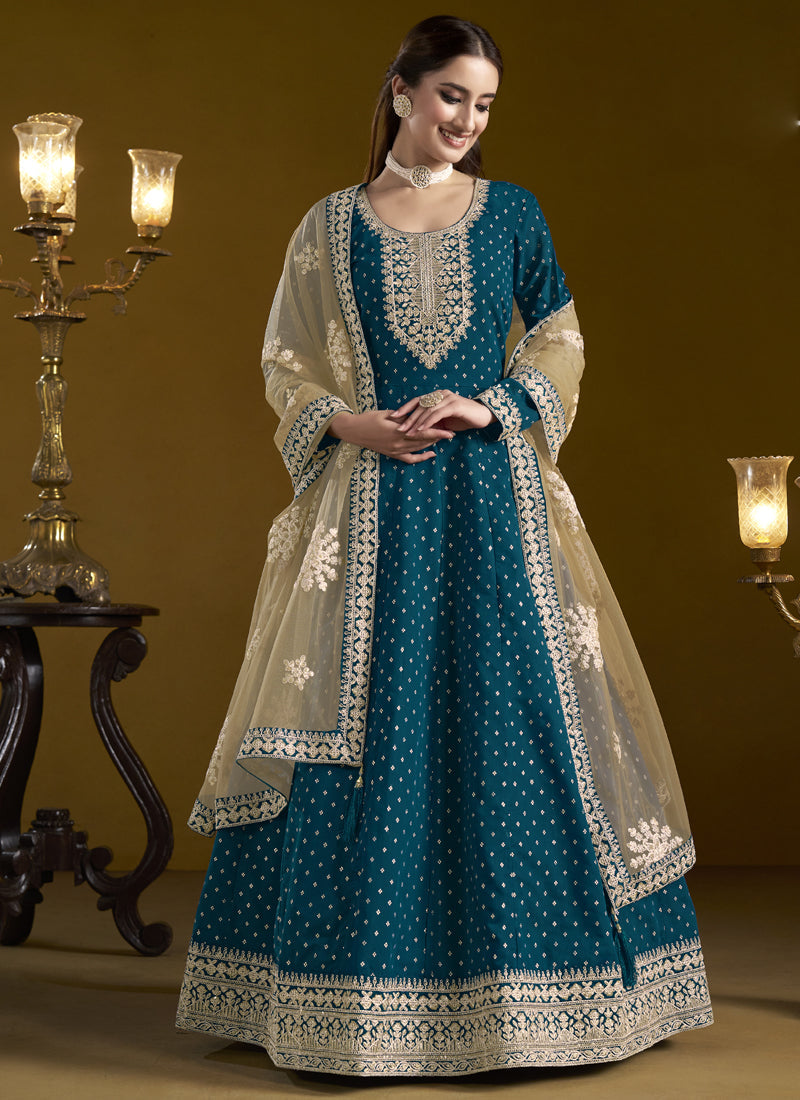 Royal Blue Chanderi Butti Embroidered Anarkali Suit for Weddings