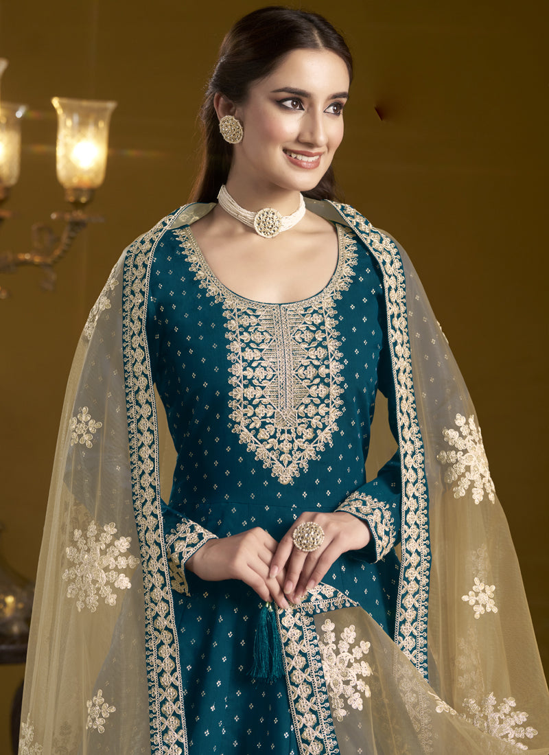 Royal Blue Chanderi Butti Embroidered Anarkali Suit for Weddings