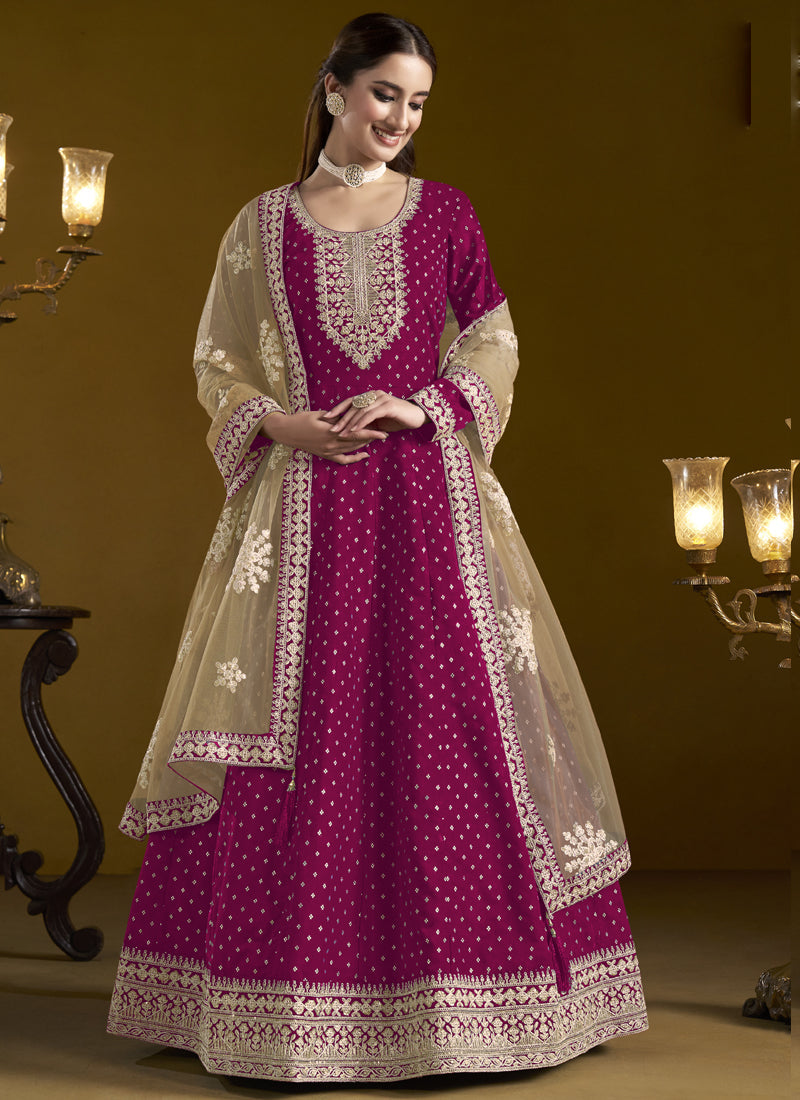 Rani Pink Chanderi Butti Embroidered Anarkali Suit Festive Wear