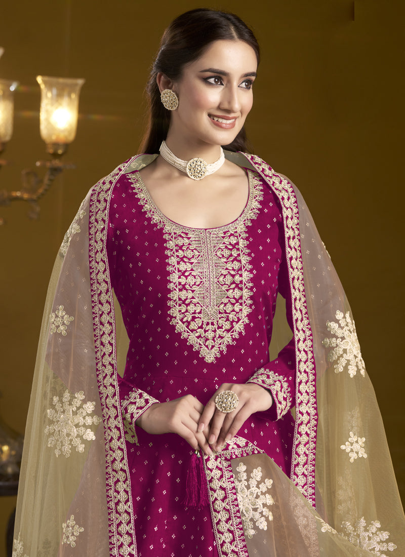 Rani Pink Chanderi Butti Embroidered Anarkali Suit Festive Wear