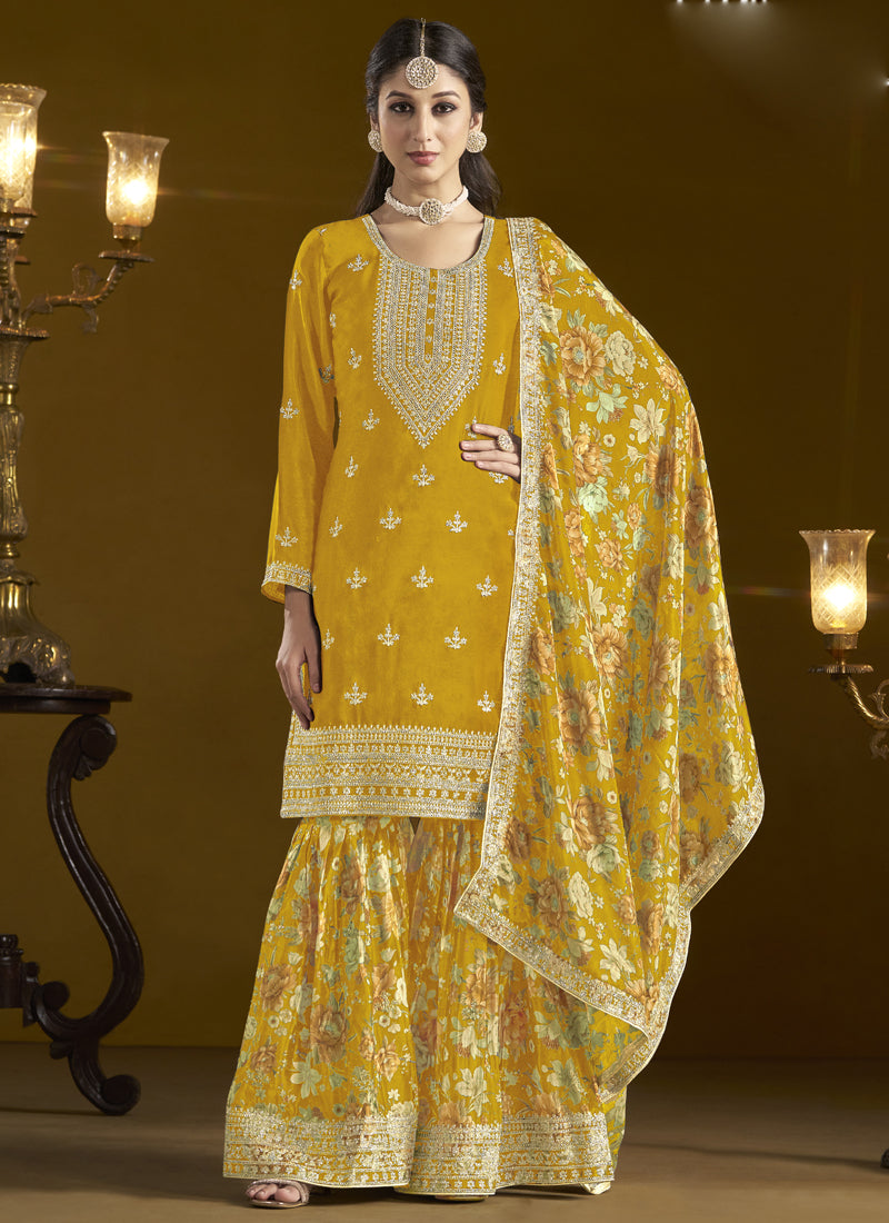 Yellow Chinon Silk Embroidered Palazzo Suit for Festive Wear