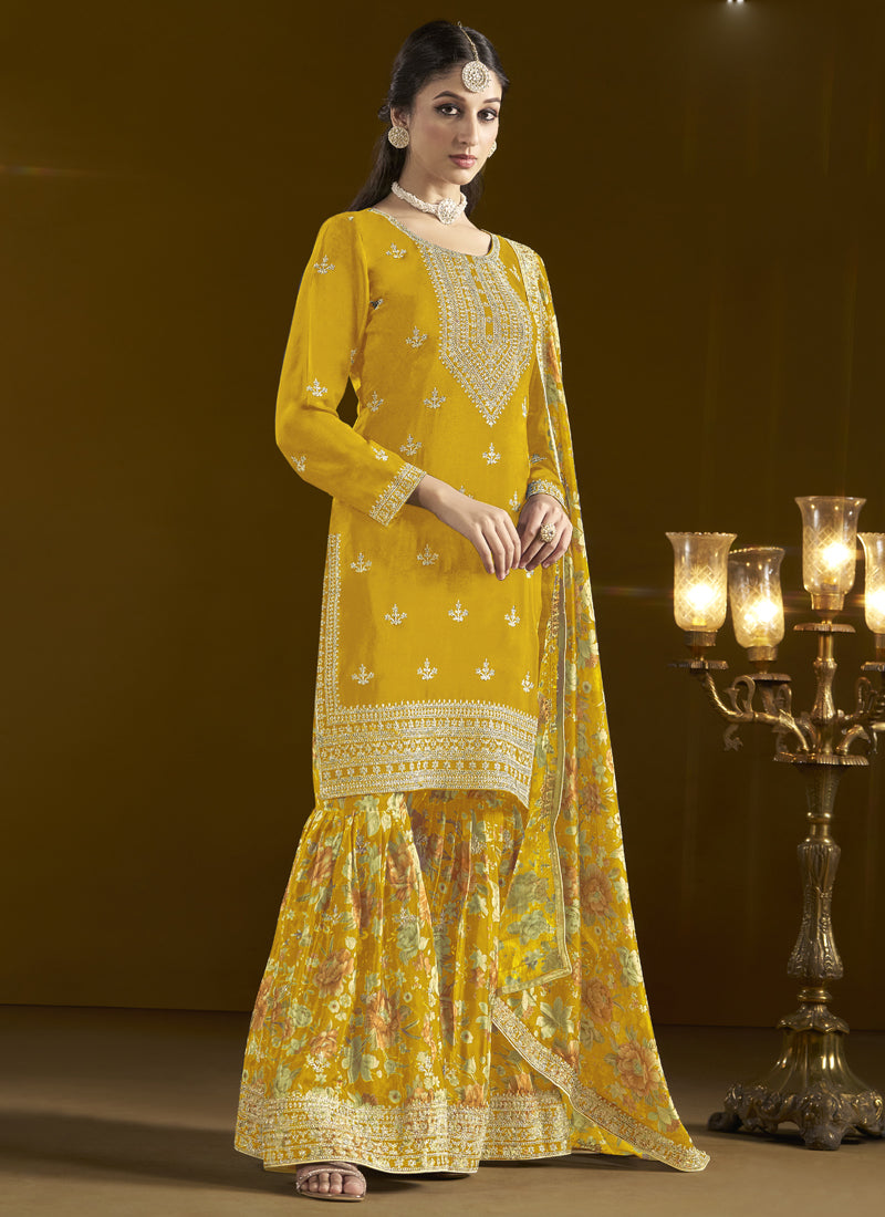 Yellow Chinon Silk Embroidered Palazzo Suit for Festive Style