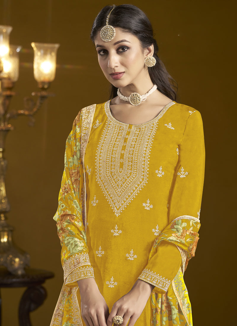 Yellow Chinon Silk Embroidered Palazzo Suit for Festive Wear