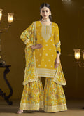 Yellow Chinon Silk palazzo suit featuring intricate gota patti and embroidery detail