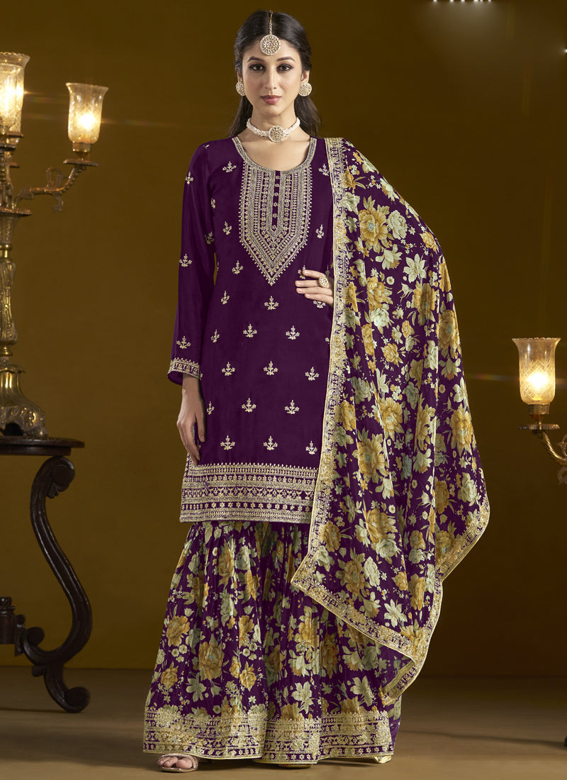 Wine Chinon Silk Embroidered Palazzo Suit for Formal Events
