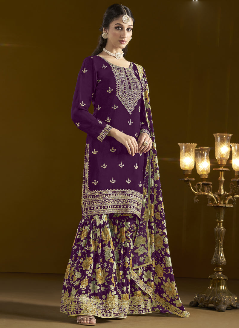 Wine Chinon Silk Embroidered Palazzo Suit for Formal Events