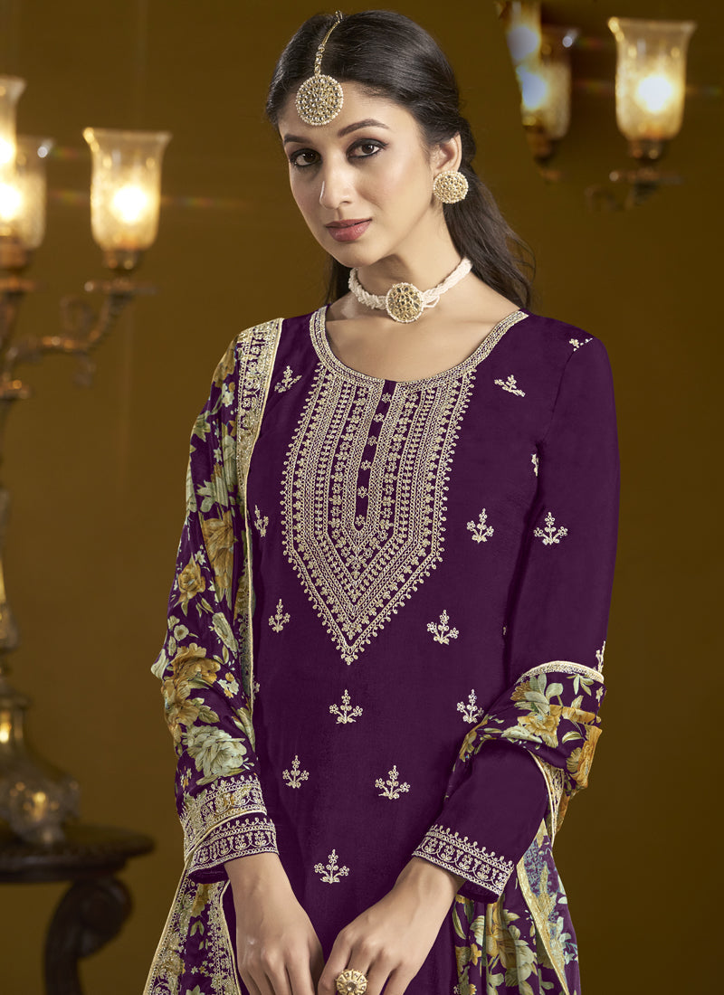 Wine Chinon Silk Embroidered Palazzo Suit for Formal Events