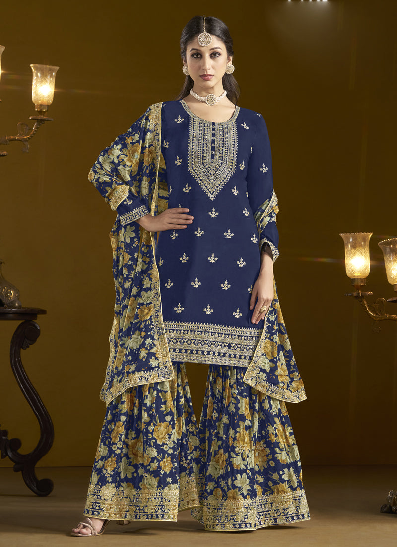 Navy blue chinon silk palazzo suit with intricate gold embroidery and gota patti detail