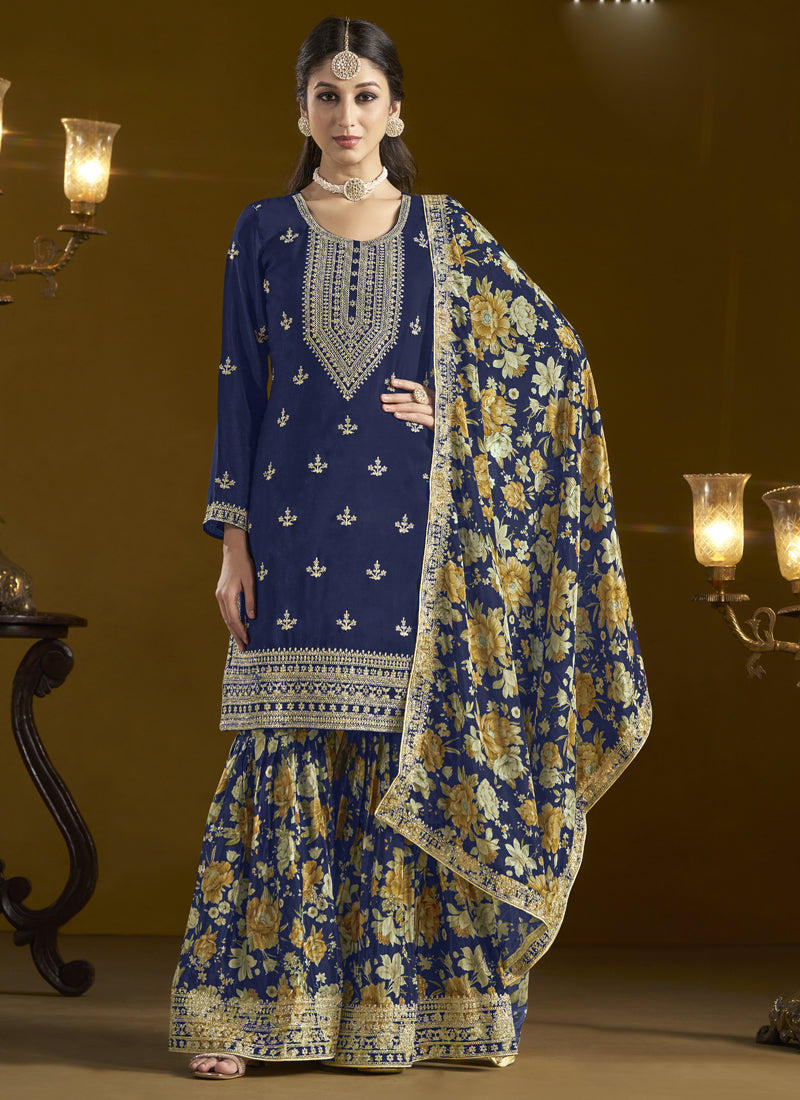 Navy Blue Chinon Silk Embroidered Palazzo Suit Set