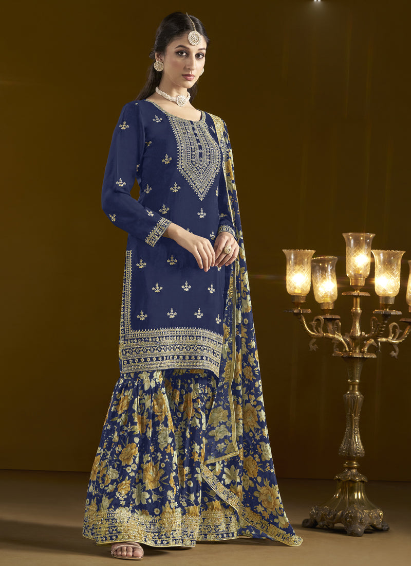 Navy Blue Chinon Silk Embroidered Palazzo Suit Set