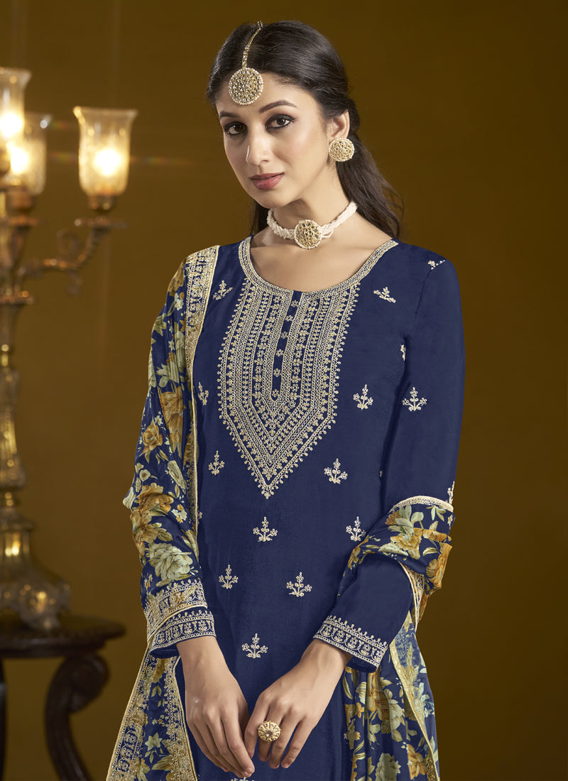 Navy Blue Chinon Silk Embroidered Palazzo Suit for Weddings