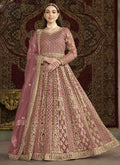 Light pink Anarkali suit in net fabric with detailed embroidery and gota patti