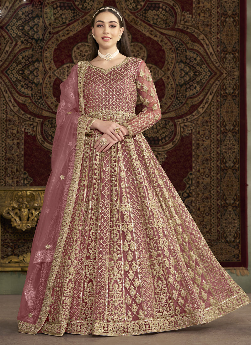 Light pink Anarkali suit in net fabric with detailed embroidery and gota patti