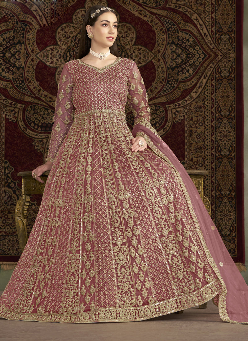 Light Pink Net Embroidered Anarkali Suit for Wedding Wear