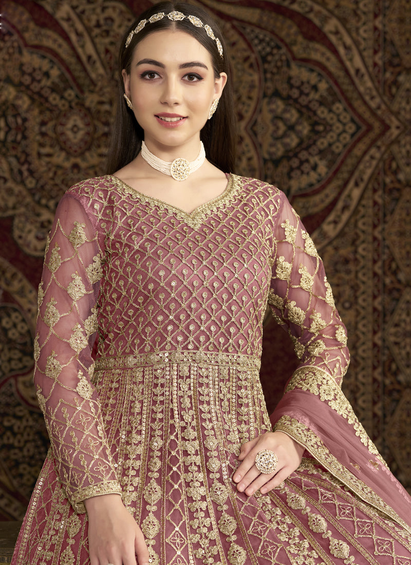 Light Pink Net Embroidered Anarkali Suit for Wedding Wear