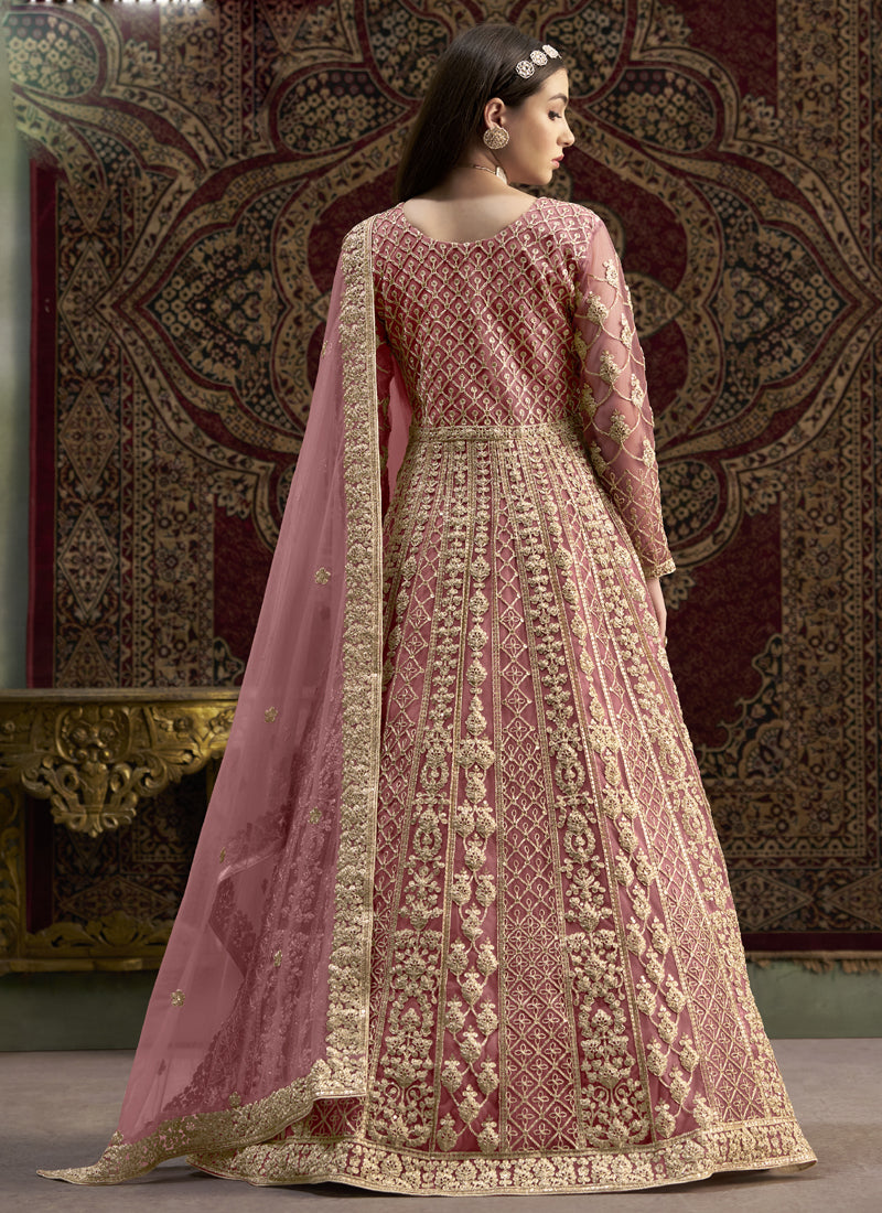 Light Pink Net Embroidered Anarkali Suit for Wedding Wear