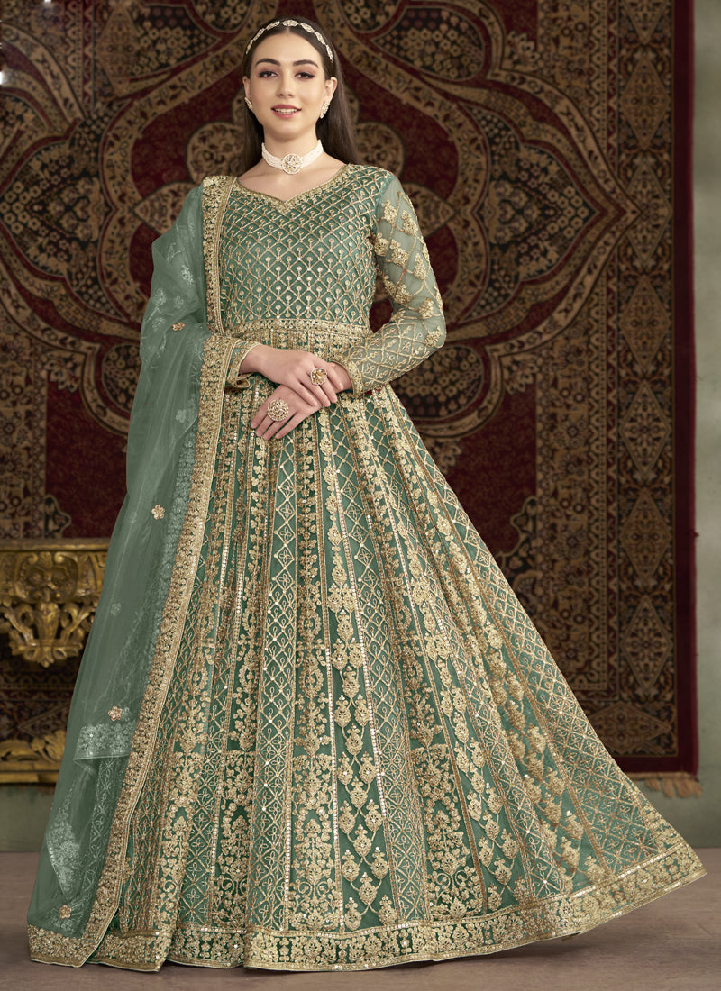 Sea green net Anarkali suit with delicate embroidery and gota patti detail