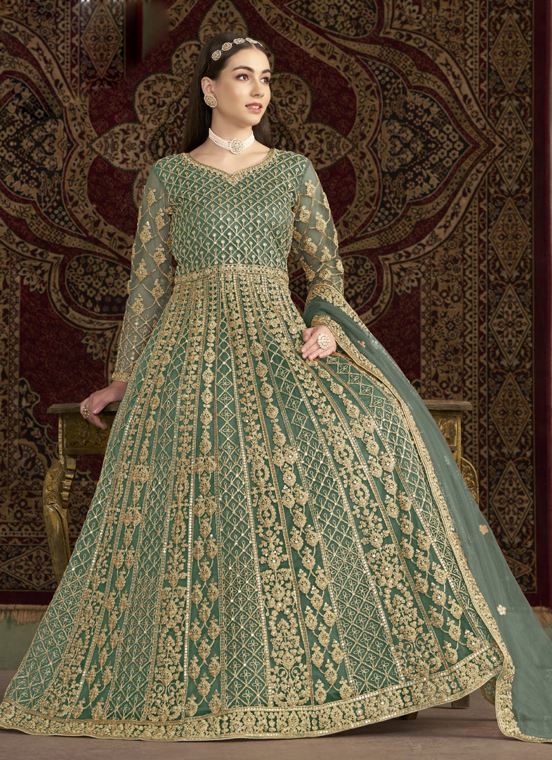 Sea Green Net Embroidered Anarkali Suit with Gota Patti