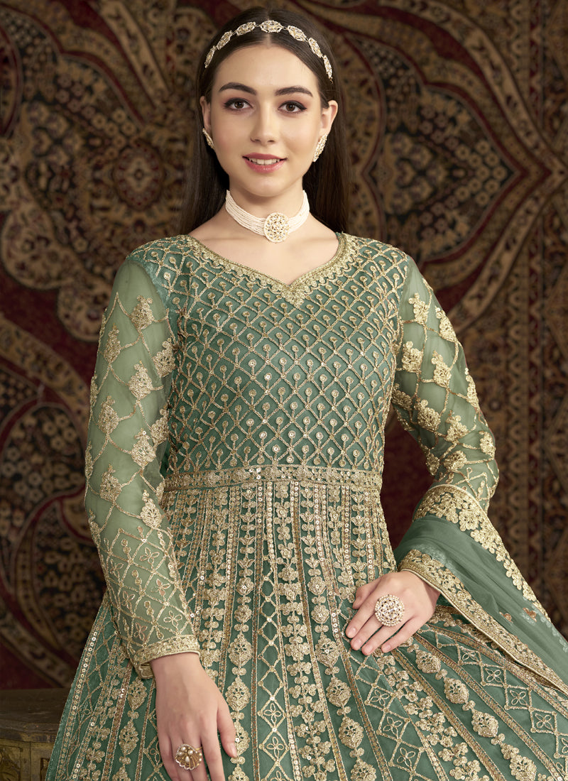 Sea Green Net Embroidered Anarkali Suit with Gota Patti