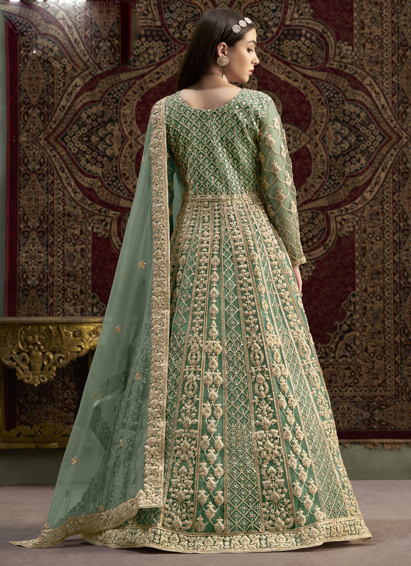 Sea Green Net Embroidered Anarkali Suit with Gota Patti