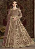 Light brown Anarkali suit in net fabric with shimmer and embroidery details