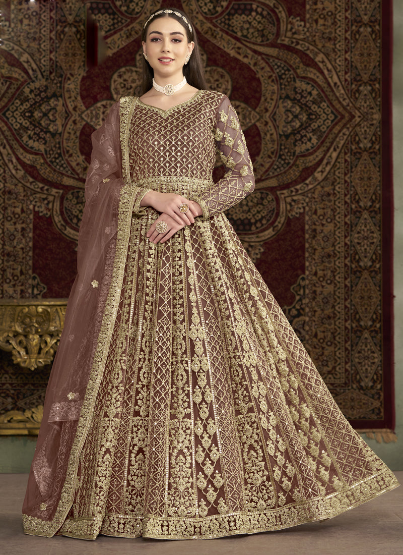 Light brown Anarkali suit in net fabric with shimmer and embroidery details