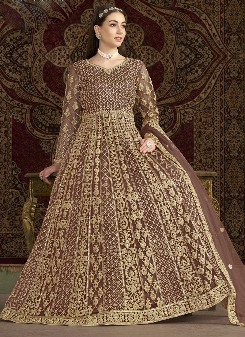 Light Brown Net Embroidered Anarkali Suit for Wedding Guest