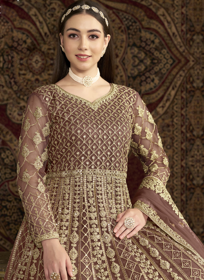Light Brown Net Embroidered Anarkali Suit for Wedding Guest