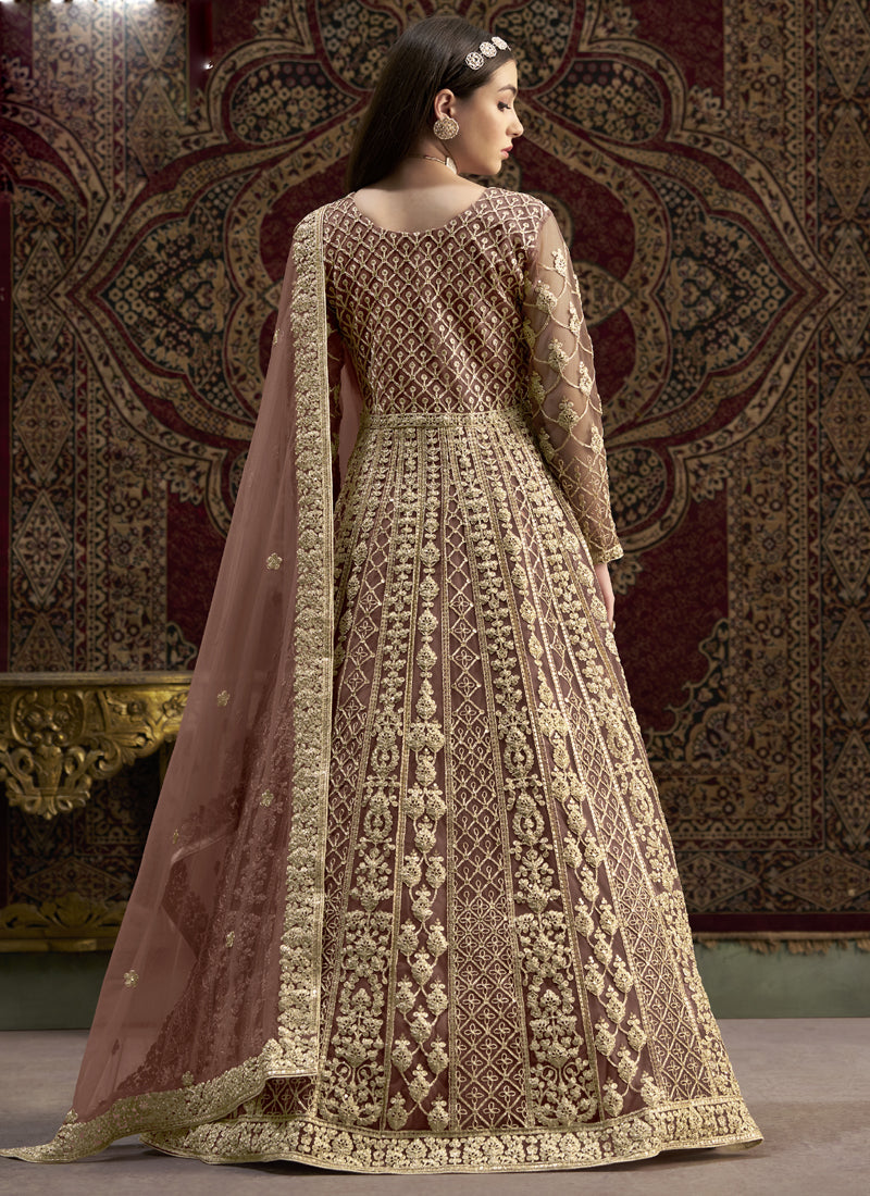 Light Brown Net Embroidered Anarkali Suit for Wedding Guest