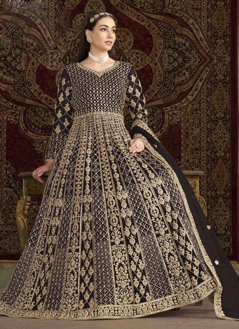Dark Brown Net Embroidered Anarkali Suit for Formal Events