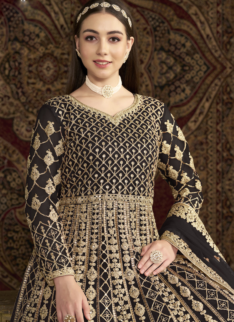 Dark Brown Net Embroidered Anarkali Suit for Formal Events