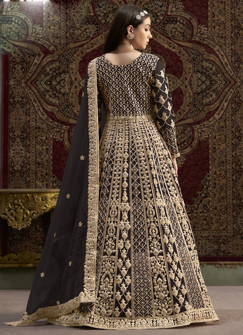 Dark Brown Net Embroidered Anarkali Suit for Formal Events