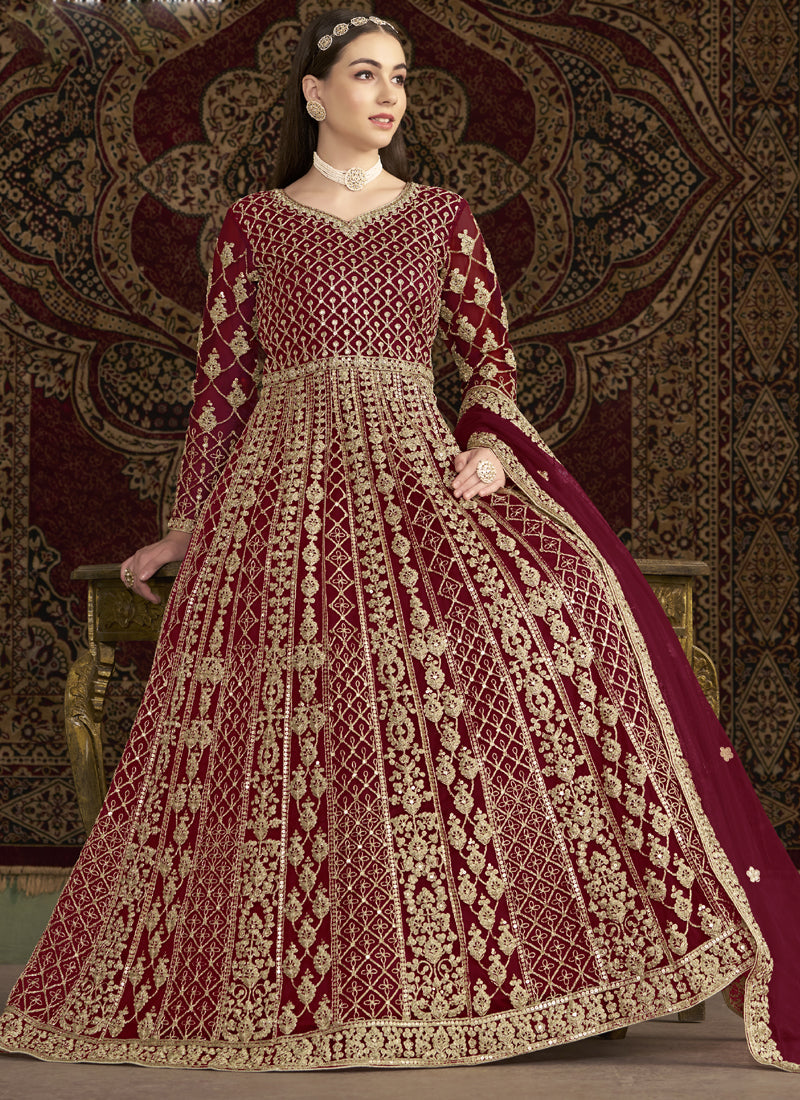 Maroon Net Embroidered Anarkali Suit for Festive Occasions