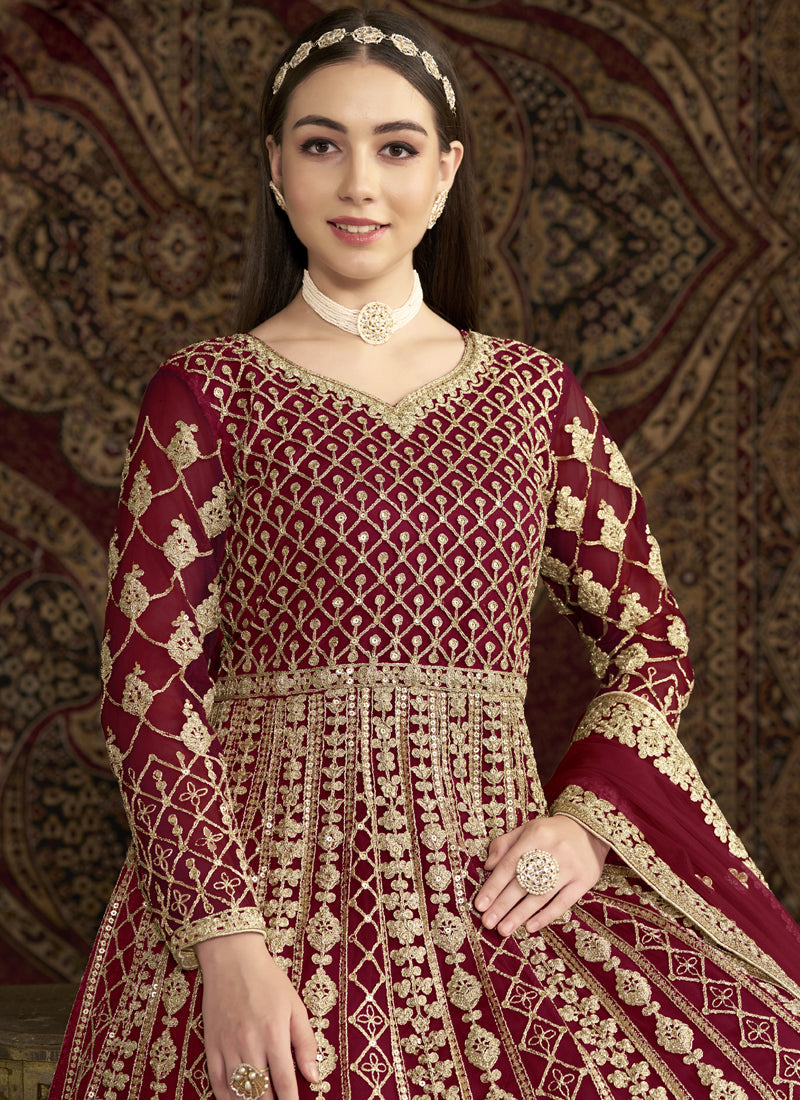 Maroon Net Embroidered Anarkali Suit for Festive Occasions
