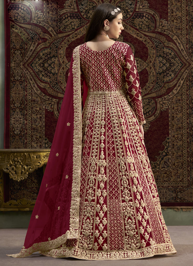 Maroon Net Embroidered Anarkali Suit for Festive Occasions