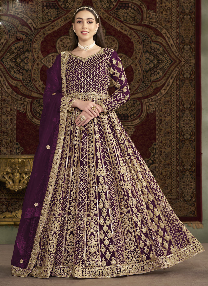Elegant violet net Anarkali suit with embroidered gota patti detailing