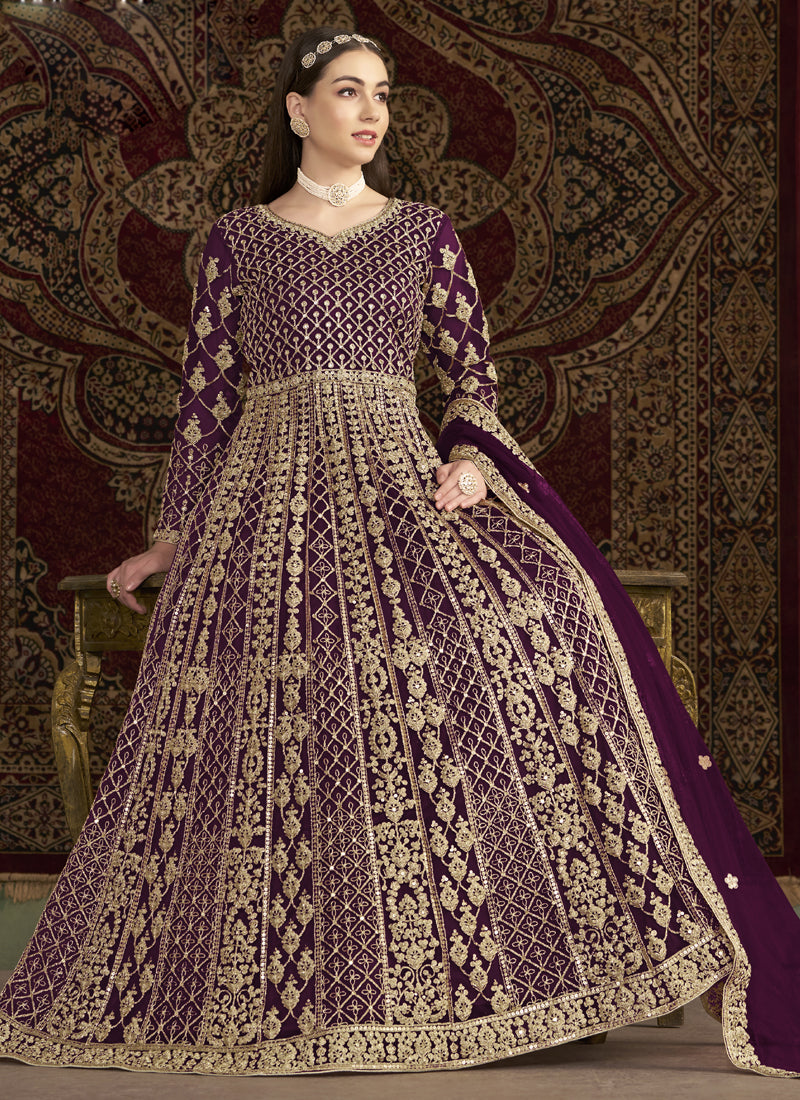 Violet Net Embroidered Anarkali Suit for Festive Weddings
