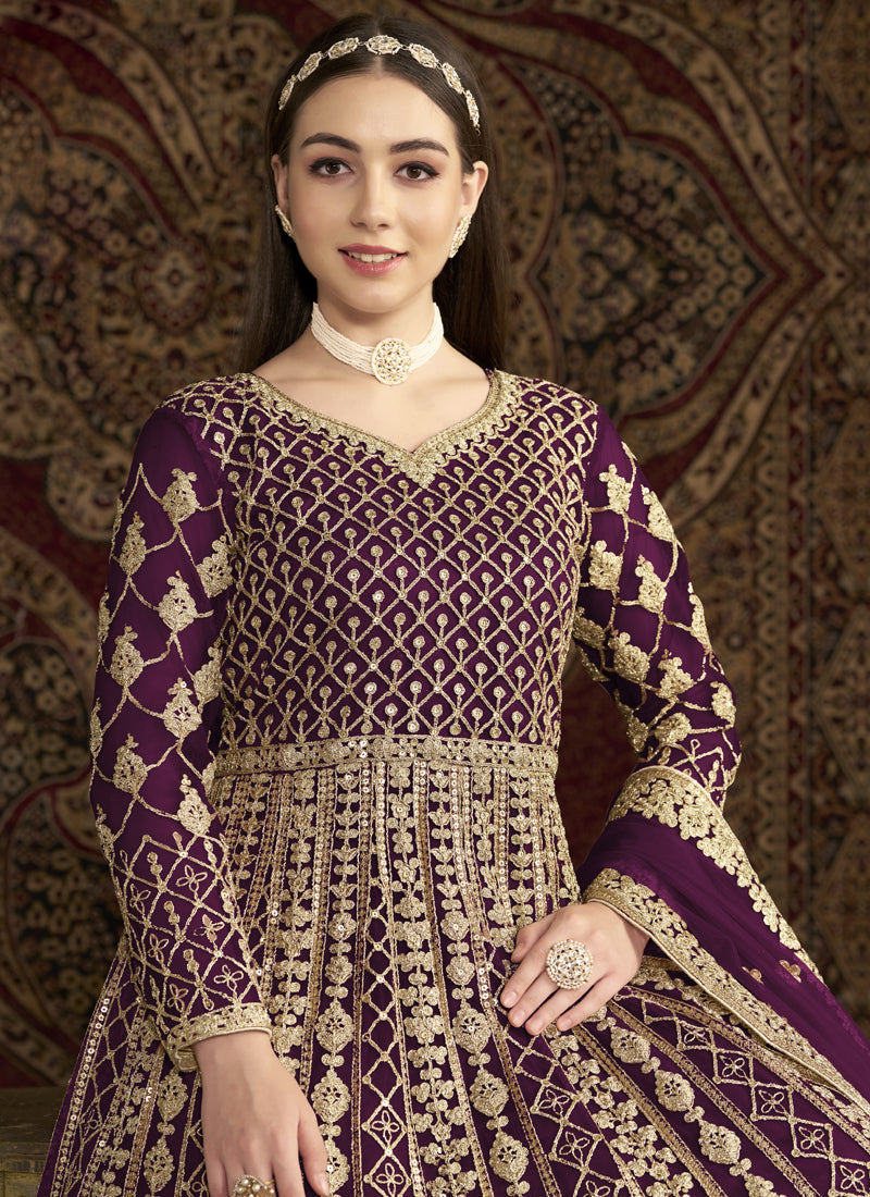 Violet Net Embroidered Anarkali Suit for Festive Weddings