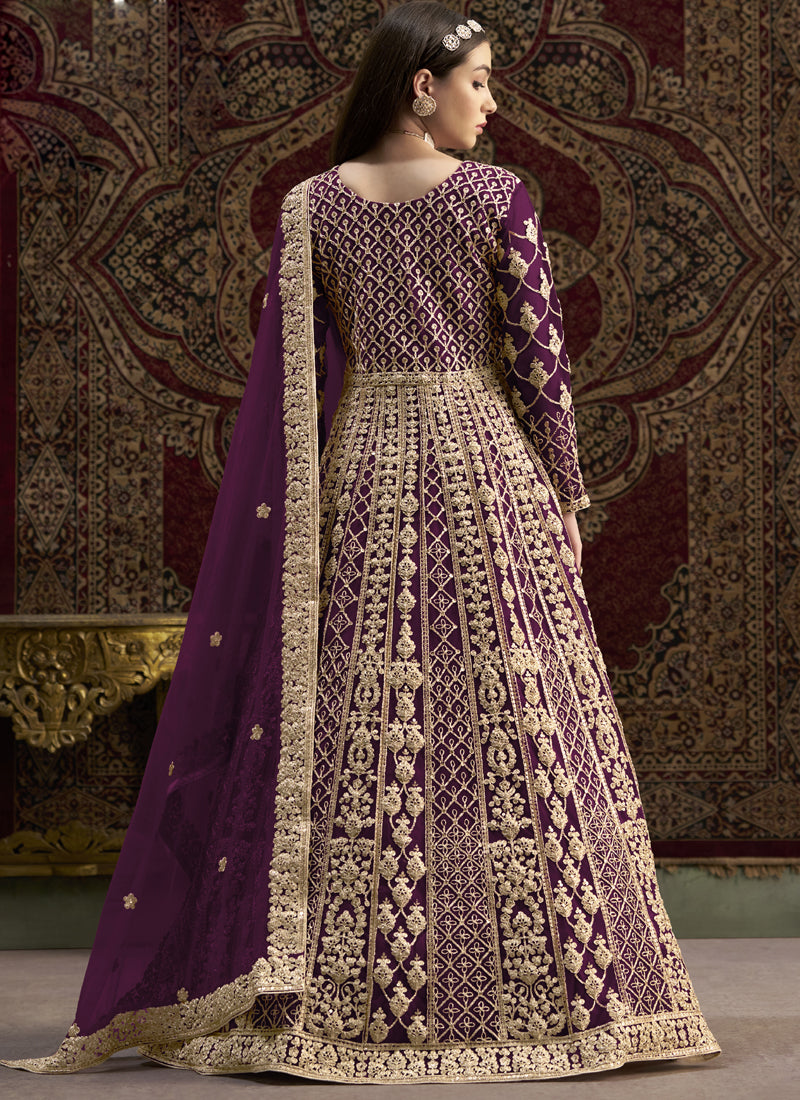 Violet Net Embroidered Anarkali Suit for Festive Weddings