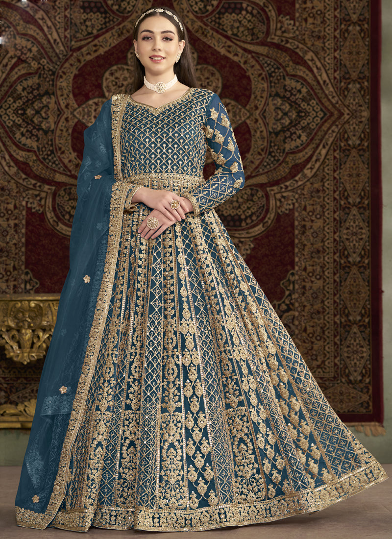 Aqua Blue Net Anarkali suit with delicate embroidery and festive styling.