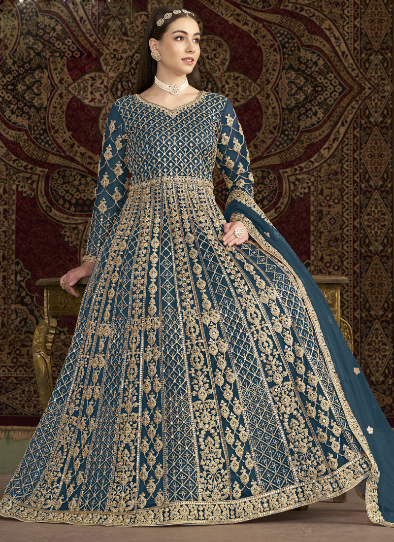 Aqua Blue Net Embroidered Anarkali Suit for Wedding Events
