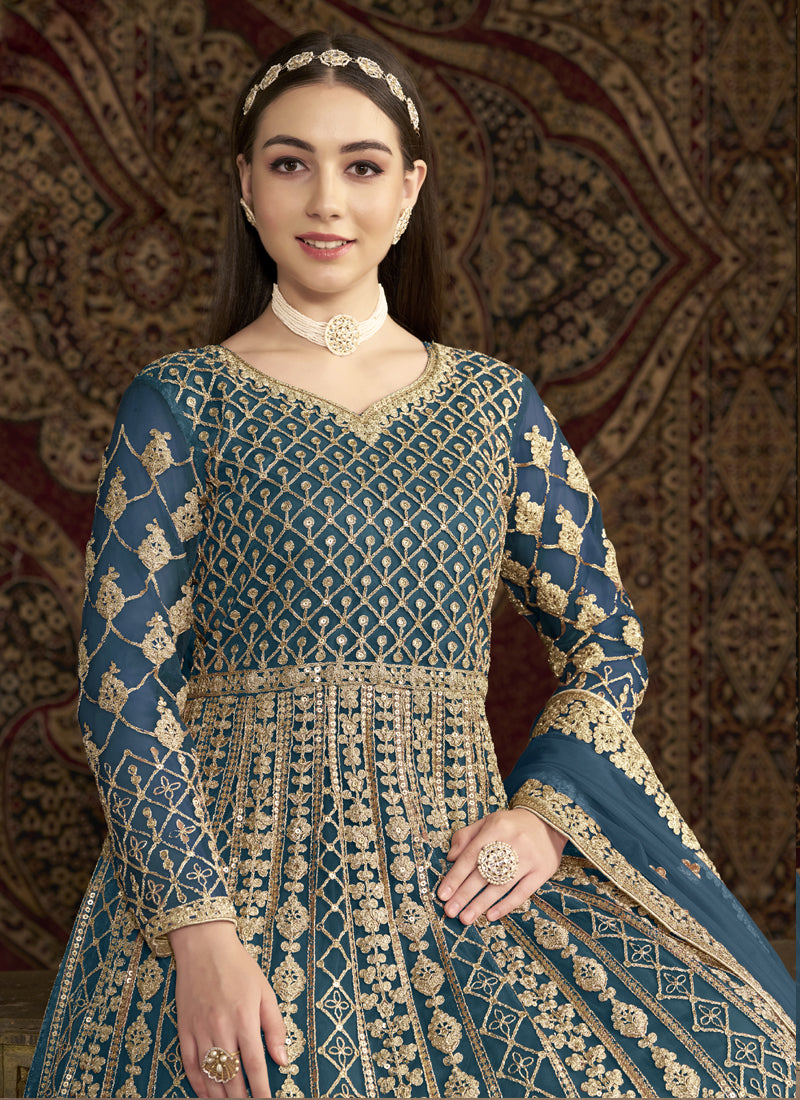 Aqua Blue Net Embroidered Anarkali Suit for Wedding Events