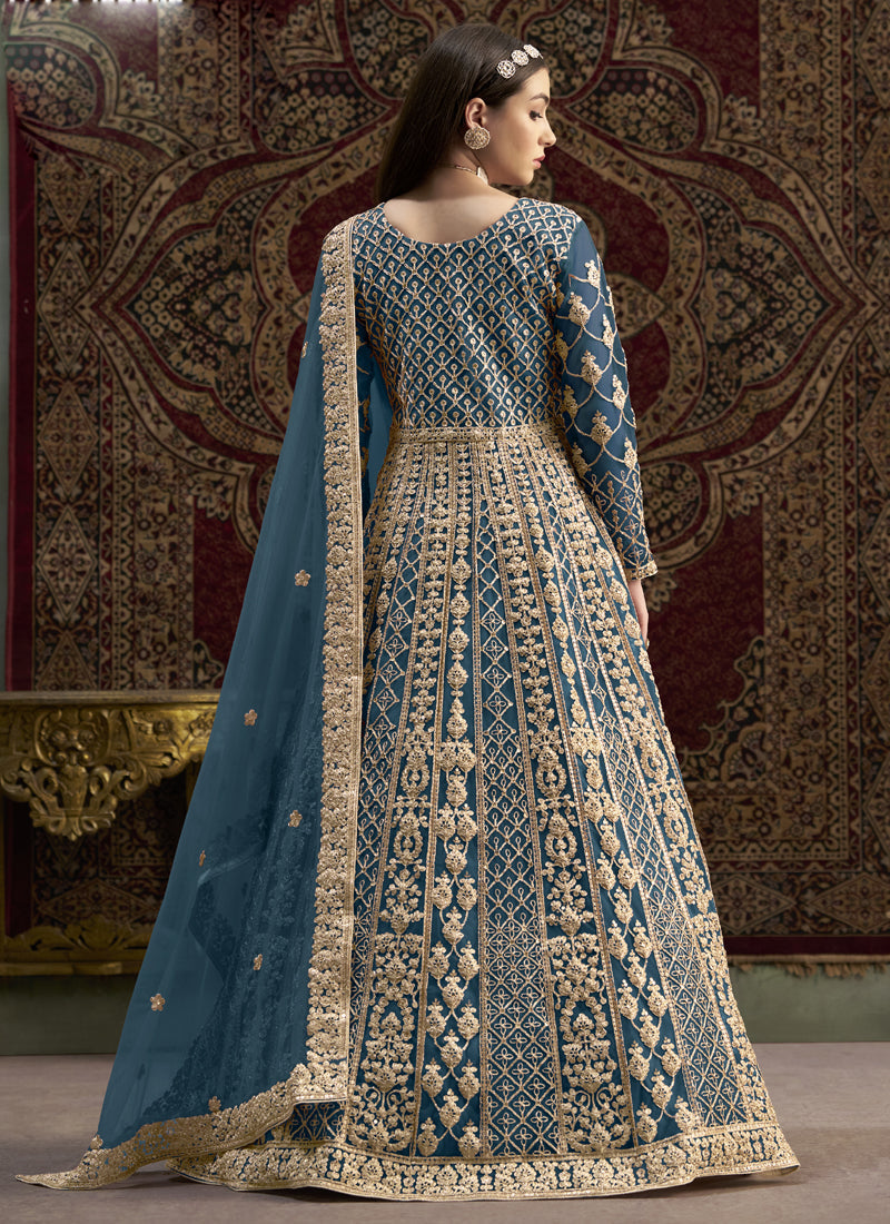 Aqua Blue Net Embroidered Anarkali Suit for Wedding Events