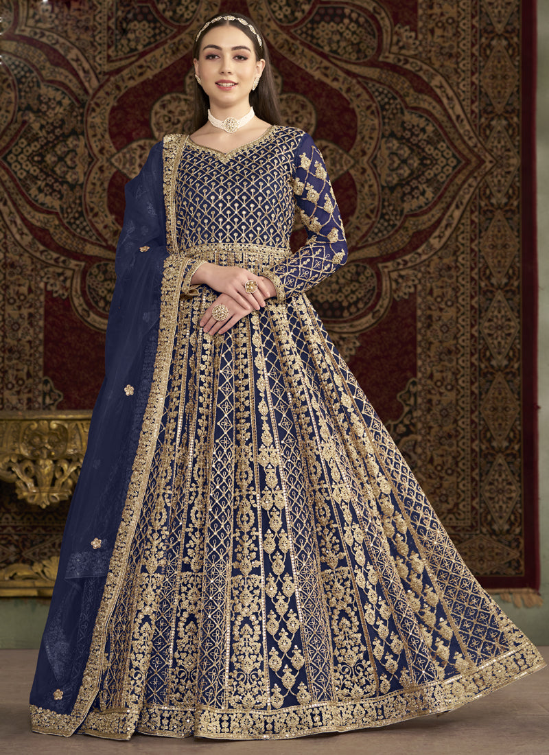 Blue net Anarkali suit with intricate embroidery and gota patti work