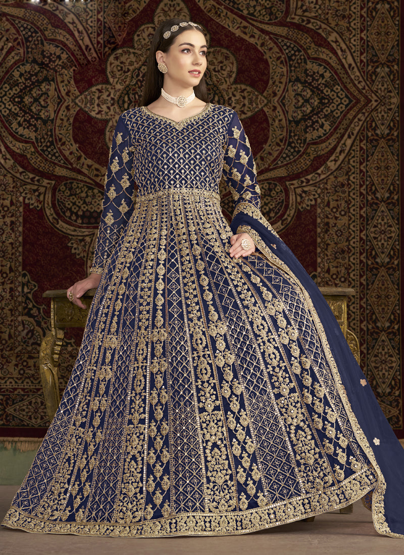 Blue Net Embroidered Anarkali Suit with Gota Patti Details