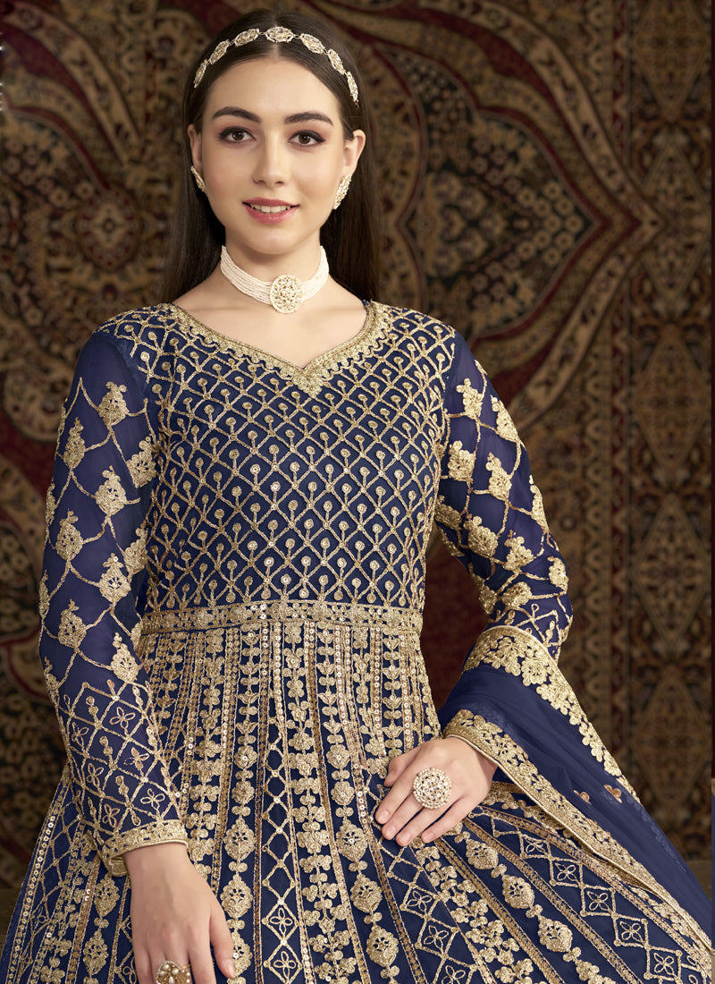 Blue Net Embroidered Anarkali Suit with Gota Patti Details
