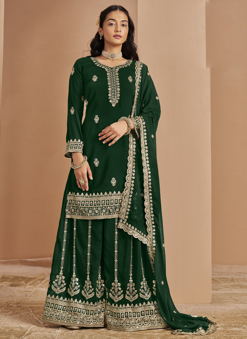 Vibrant Green Faux Georgette Palazzo Suit with festive embroidery.