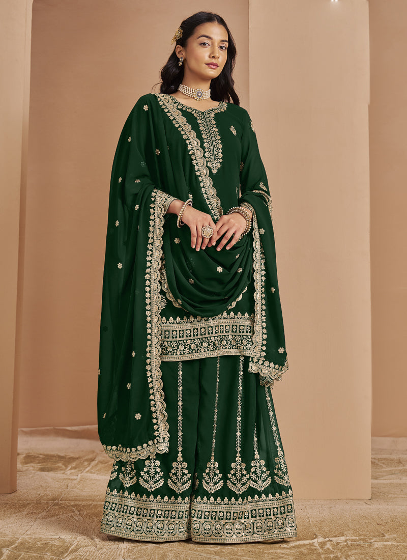 Green Faux Georgette Embroidered Palazzo Suit Set