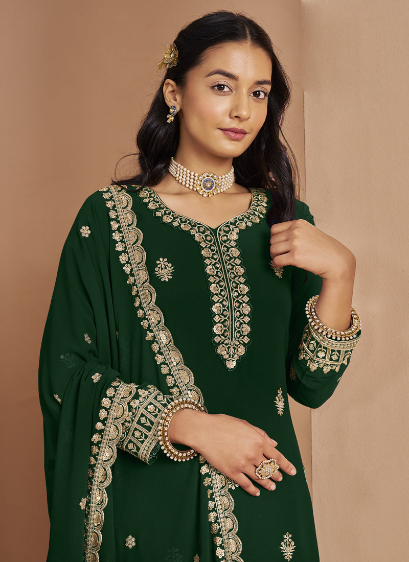 Green Faux Georgette Embroidered Palazzo Suit Set