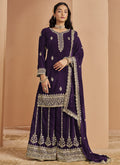 Violet faux georgette palazzo suit with intricate embroidery and gota patti